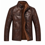 Brown -  A men's brown faux leather jacket with a brown sherpa fleece lining, featuring a high stand-up collar, zippered front, and multiple pockets.
