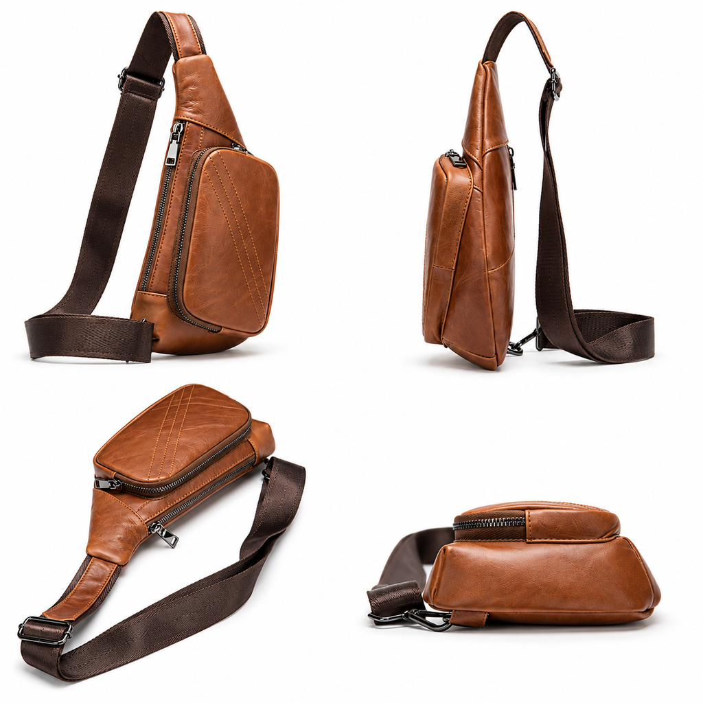 A brown faux-leather sling bag shown from four angles on a white background, featuring a wide adjustable shoulder strap, a front zippered pocket, and a lower zippered compartment.