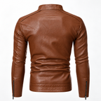 Yellow - A men's brown faux leather jacket shown from the back, featuring a stand-up collar, long sleeves with zippered cuffs, and a fitted silhouette on a white background.