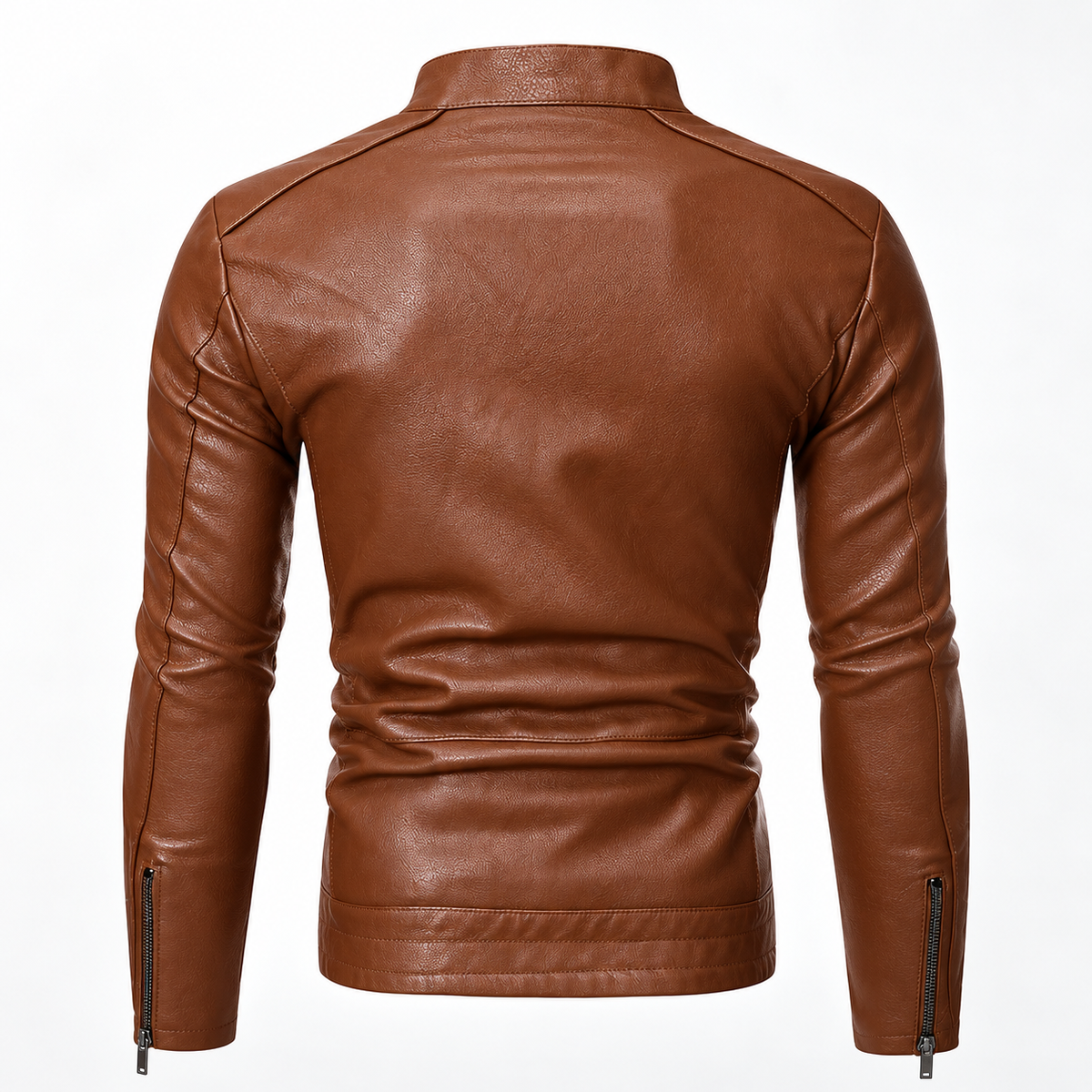 Yellow - A men's brown faux leather jacket shown from the back, featuring a stand-up collar, long sleeves with zippered cuffs, and a fitted silhouette on a white background.