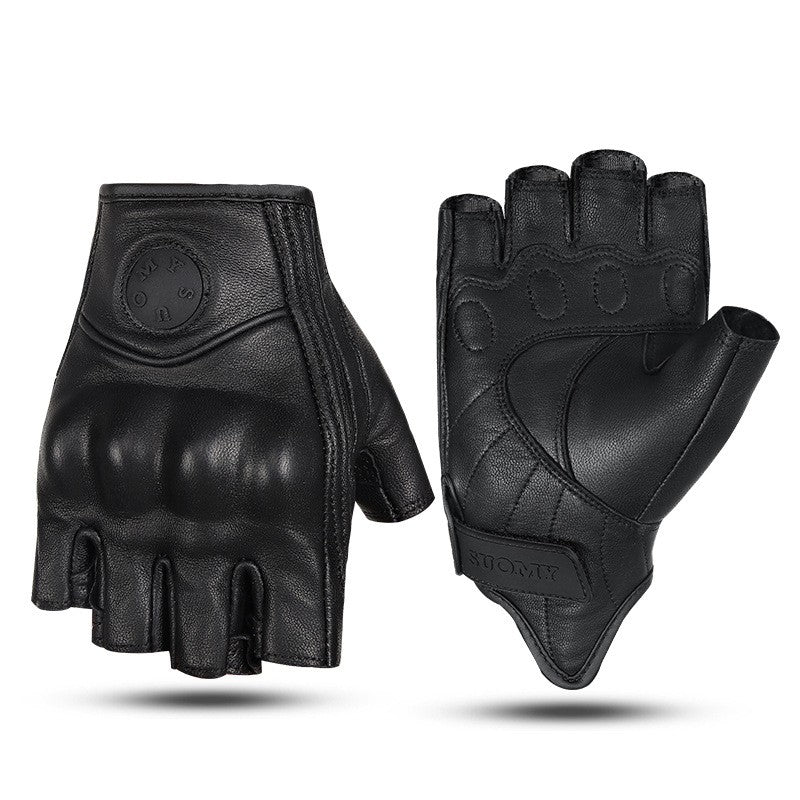 Pair of black leather gloves on a white background