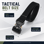 Tactical belt measurement graphic showing the strap width, total length and buckle measurement.
