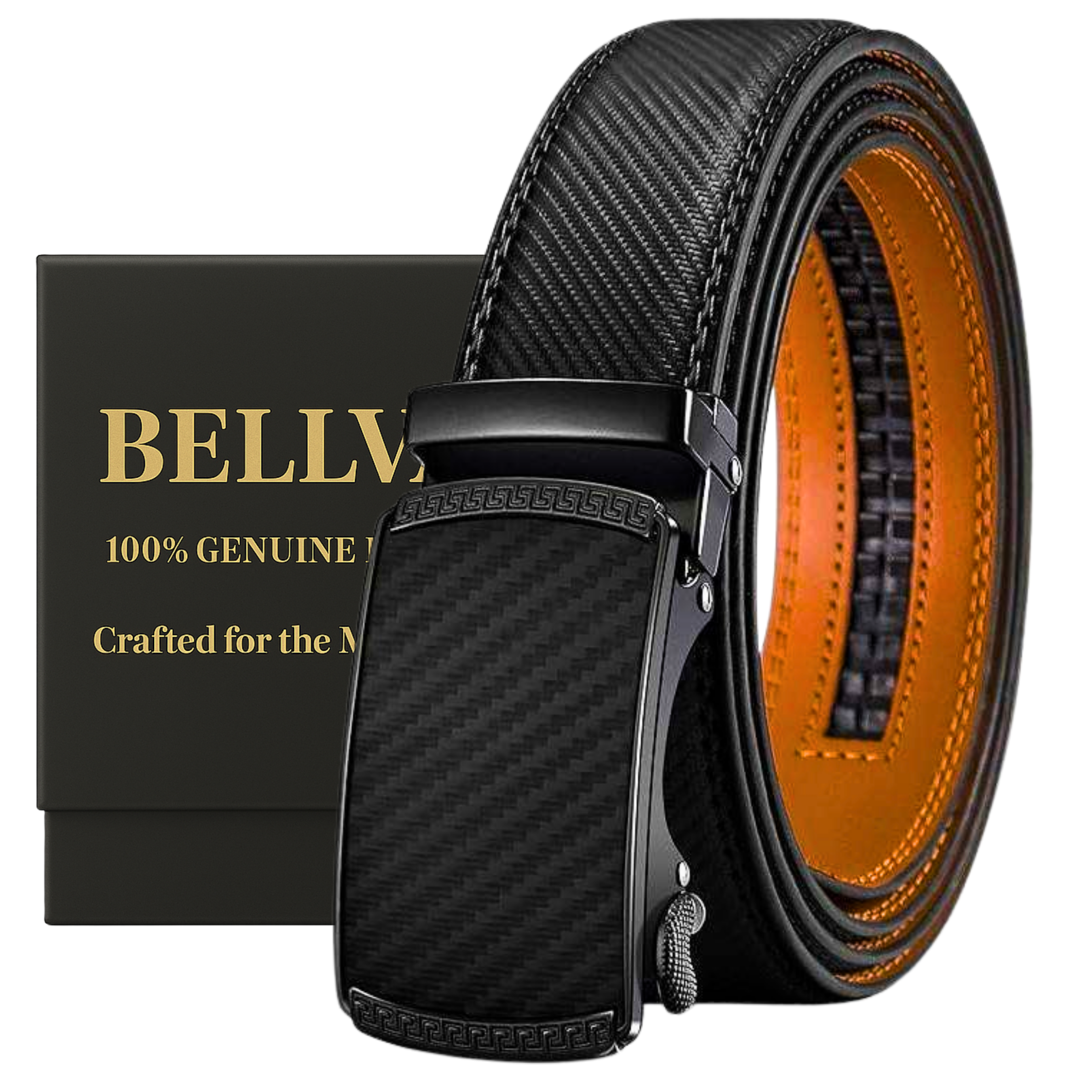 Bellvare Men's Ratchet Belt – Leather Automatic Buckle Belt, Cut-to-Fit Adjustable Black