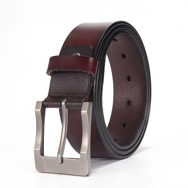 Brown leather belt with a silver buckle on a white background