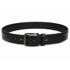 Black leather belt with a silver buckle on a white background