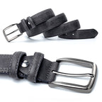 Gray suede belt with silver buckle on a white background
