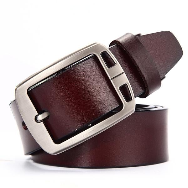 Brown leather belt with a silver buckle on a white background
