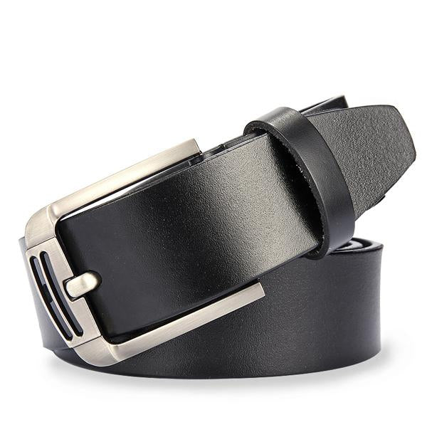 Black leather belt with a silver buckle on a white background