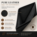 Black leather wallet with text highlighting features on a beige background