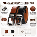 Promotional graphic for a men's automatic belt set showing two leather belts with silver buckles on a white background, with text callouts about automatic buckle, cow split leather, 3.2cm width, color options, and available belt lengths.