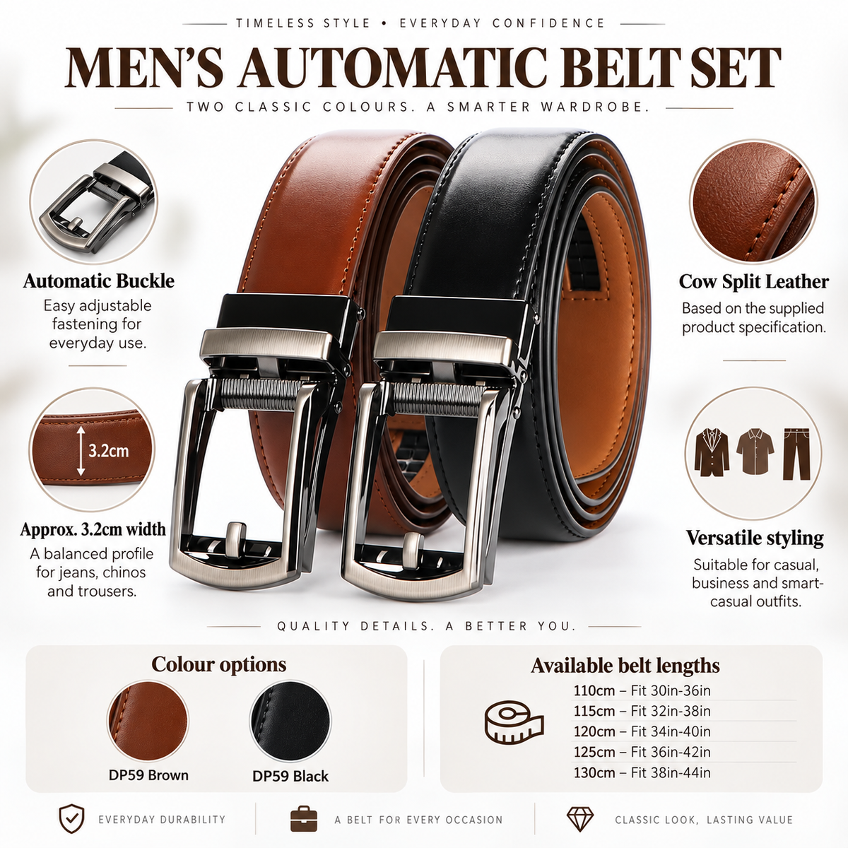 Promotional graphic for a men's automatic belt set showing two leather belts with silver buckles on a white background, with text callouts about automatic buckle, cow split leather, 3.2cm width, color options, and available belt lengths.
