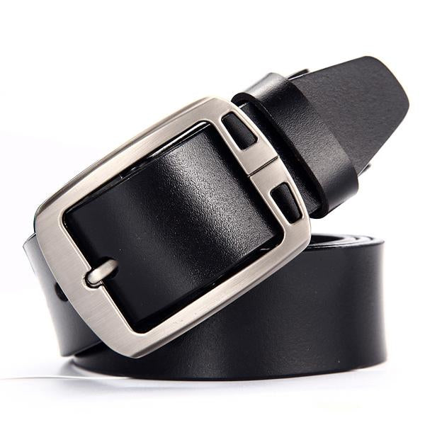 Black leather belt with a silver buckle on a white background