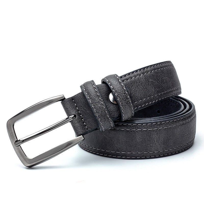 Gray leather belt with a silver buckle on a white background