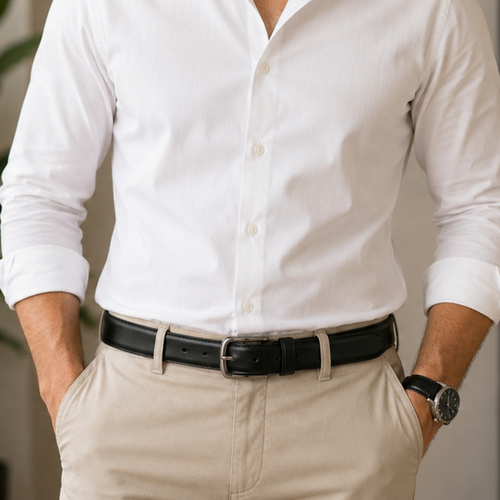 Person wearing a white dress shirt, beige pants, and a black belt with a neutral background.