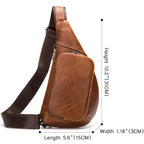 Brown leather sling bag with measurements on a white background