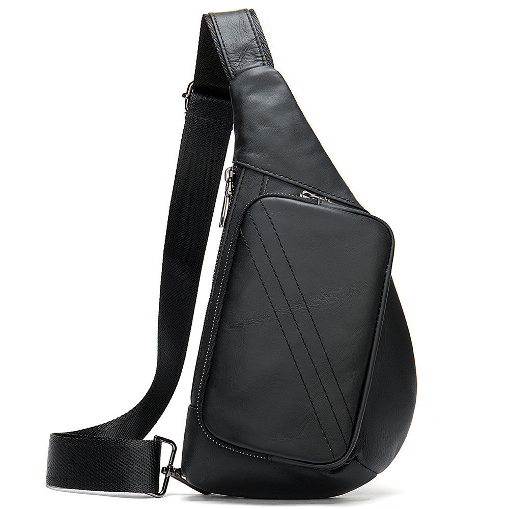 Black leather sling bag on a white background