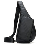 Black leather sling bag on a white background