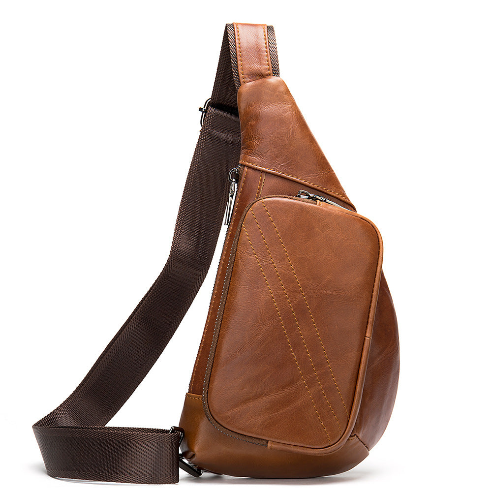 Brown leather sling bag on a white background