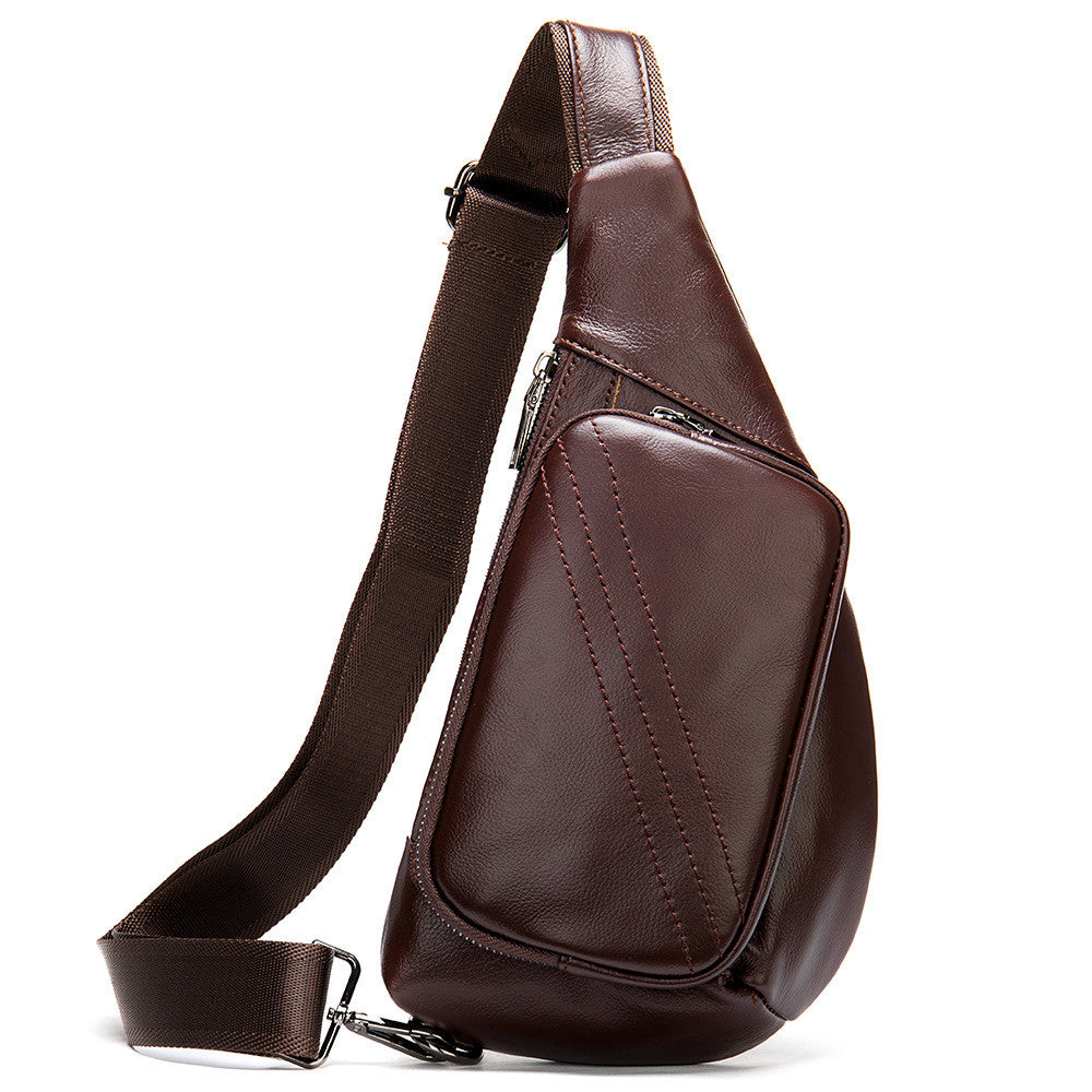 Brown leather sling bag on a white background