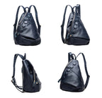 Black backpack shown from multiple angles on a white background