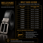 Belt size guide for Bellvare leather belt with measurement chart and buckle illustration.