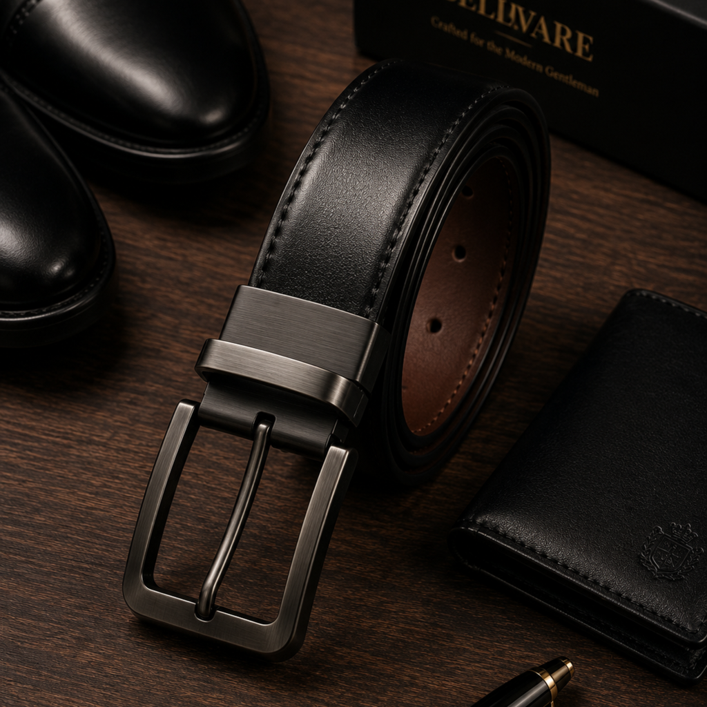 Bellvare Mens Genuine Leather Reversible Belt Black Brown Rotating Buckle