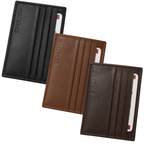 Bellvare slim leather card holders in black, light brown and dark brown, showing stitched edges and card slots.