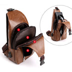 Brown leather backpack with multiple compartments and zippers on a white background