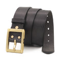 Black leather belt with a gold buckle on a white background