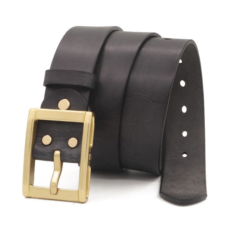 Black leather belt with a gold buckle on a white background