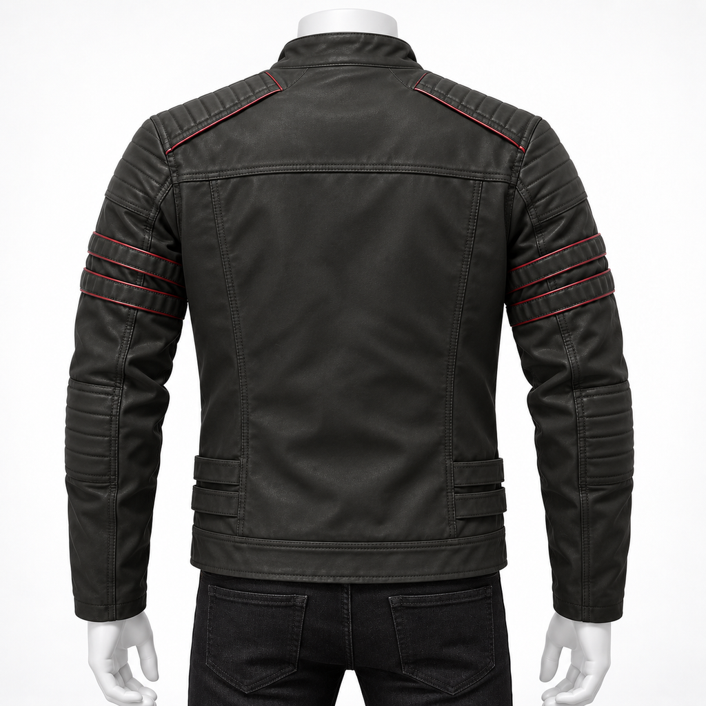 Army Green - Black faux leather motorcycle jacket shown from the back on a mannequin, featuring red contrast stitching details along the shoulders, sleeves, and lower back.