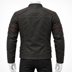 Army Green - Black faux leather motorcycle jacket shown from the back on a mannequin, featuring red contrast stitching details along the shoulders, sleeves, and lower back.