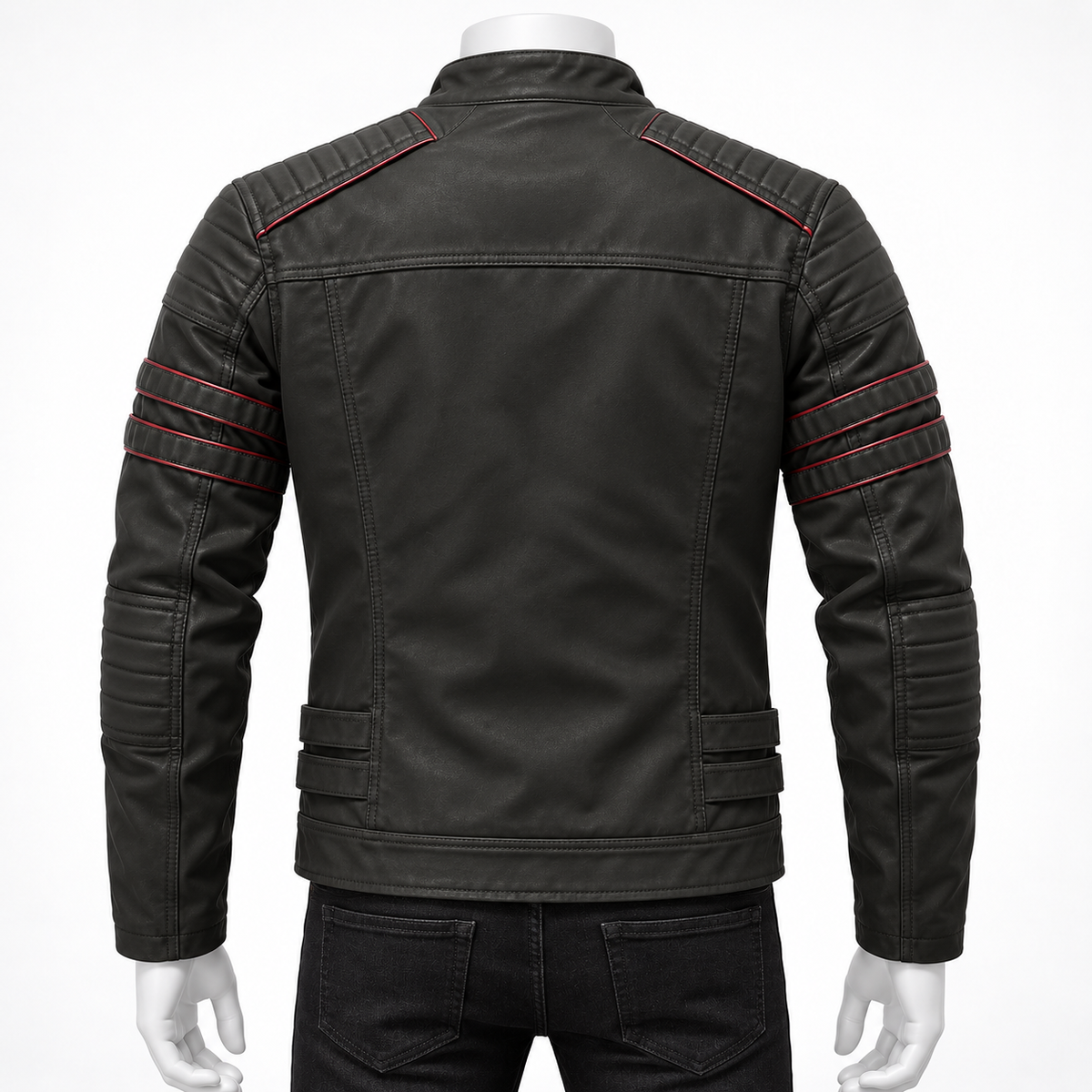 Army Green - Black faux leather motorcycle jacket shown from the back on a mannequin, featuring red contrast stitching details along the shoulders, sleeves, and lower back.