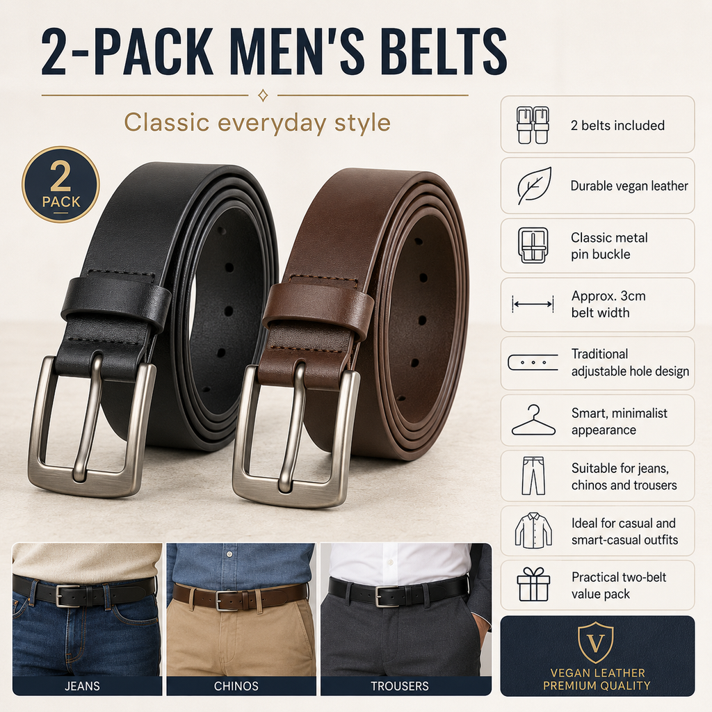 2-Pack Men’s Vegan Leather Pin Buckle Belts – Classic Casual & Jeans Belts