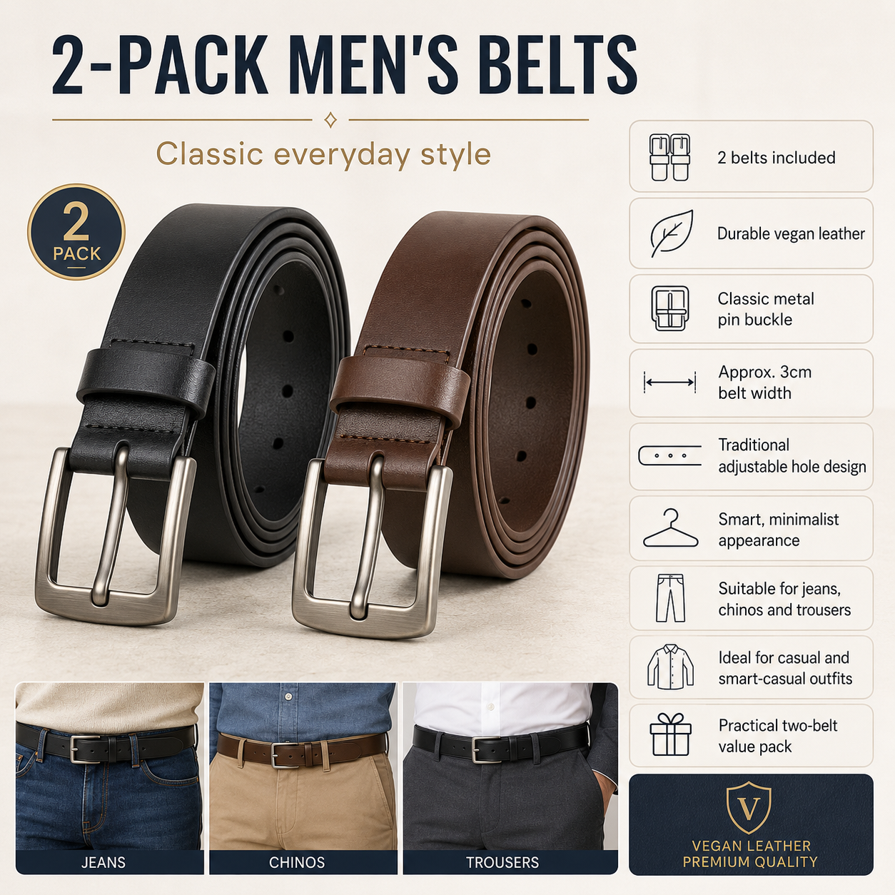 2-Pack Men’s Vegan Leather Pin Buckle Belts – Classic Casual & Jeans Belts