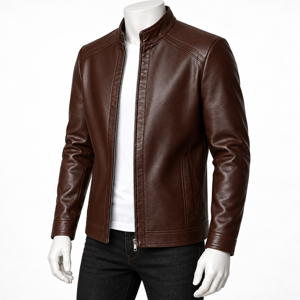 Dark Brown - A men's brown leather jacket displayed on a white mannequin torso, worn over a white shirt and black jeans against a plain white studio background.