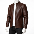 Dark Brown - A men's brown leather jacket displayed on a white mannequin torso, worn over a white shirt and black jeans against a plain white studio background.