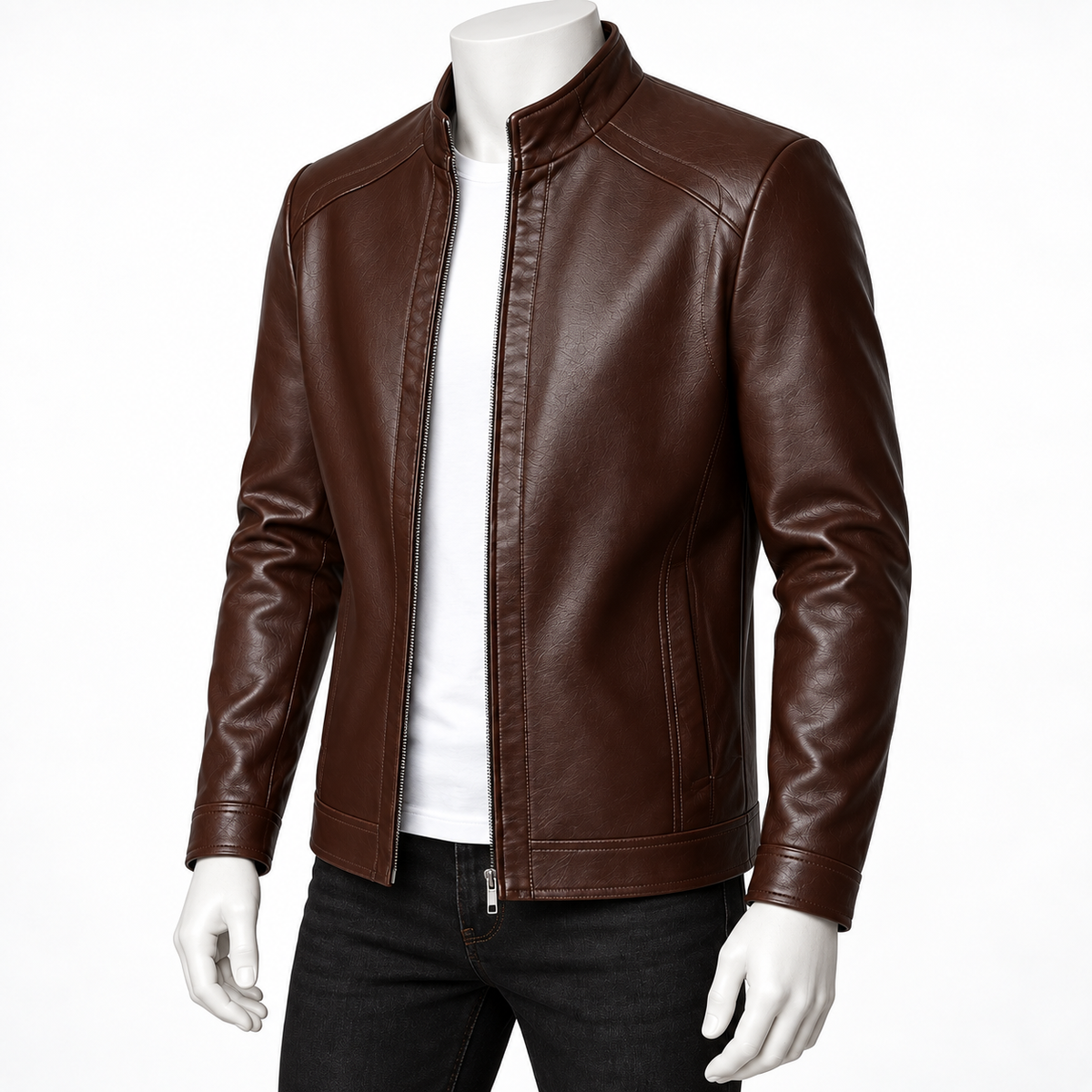 Dark Brown - A men's brown leather jacket displayed on a white mannequin torso, worn over a white shirt and black jeans against a plain white studio background.