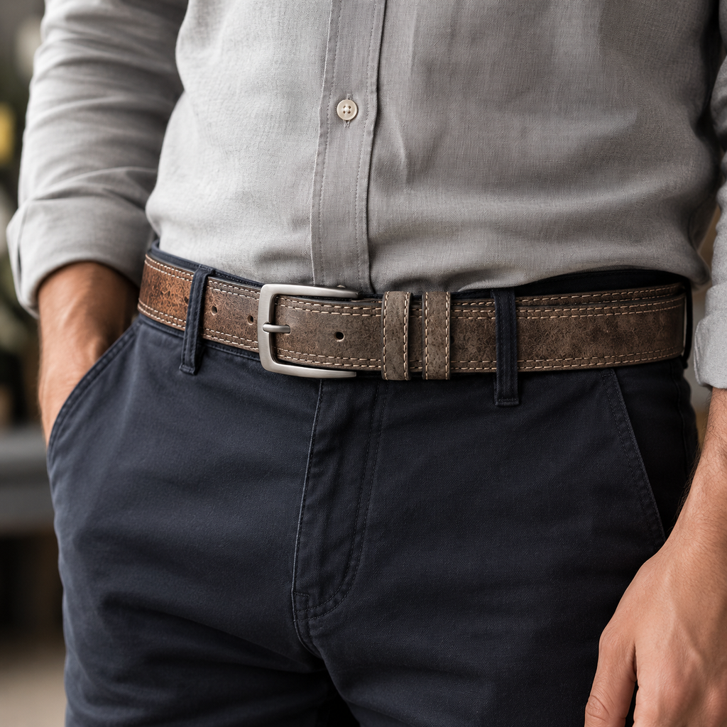 A close-up of a man wearing a brown leather belt with a silver buckle, styled with a light gray button-down shirt and dark navy pants.