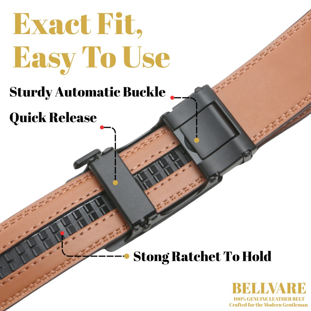 Bellvare Men's Ratchet Belt – Leather Automatic Buckle Belt, Cut-to-Fit Adjustable Brown