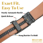 Underside of ratchet belt showing tan lining, adjustment track and automatic buckle release.