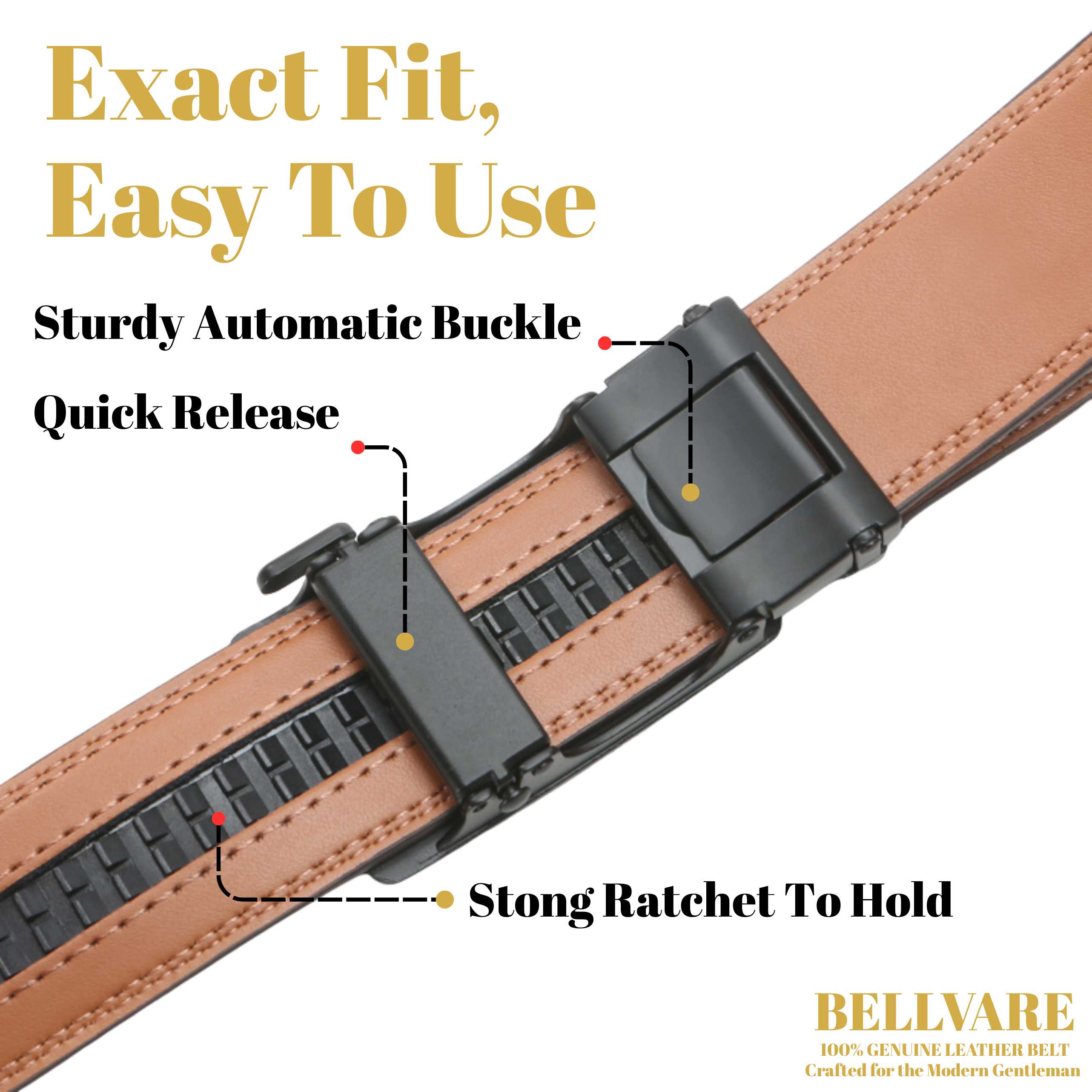 Bellvare Men's Ratchet Belt – Leather Automatic Buckle Belt, Cut-to-Fit Adjustable Brown