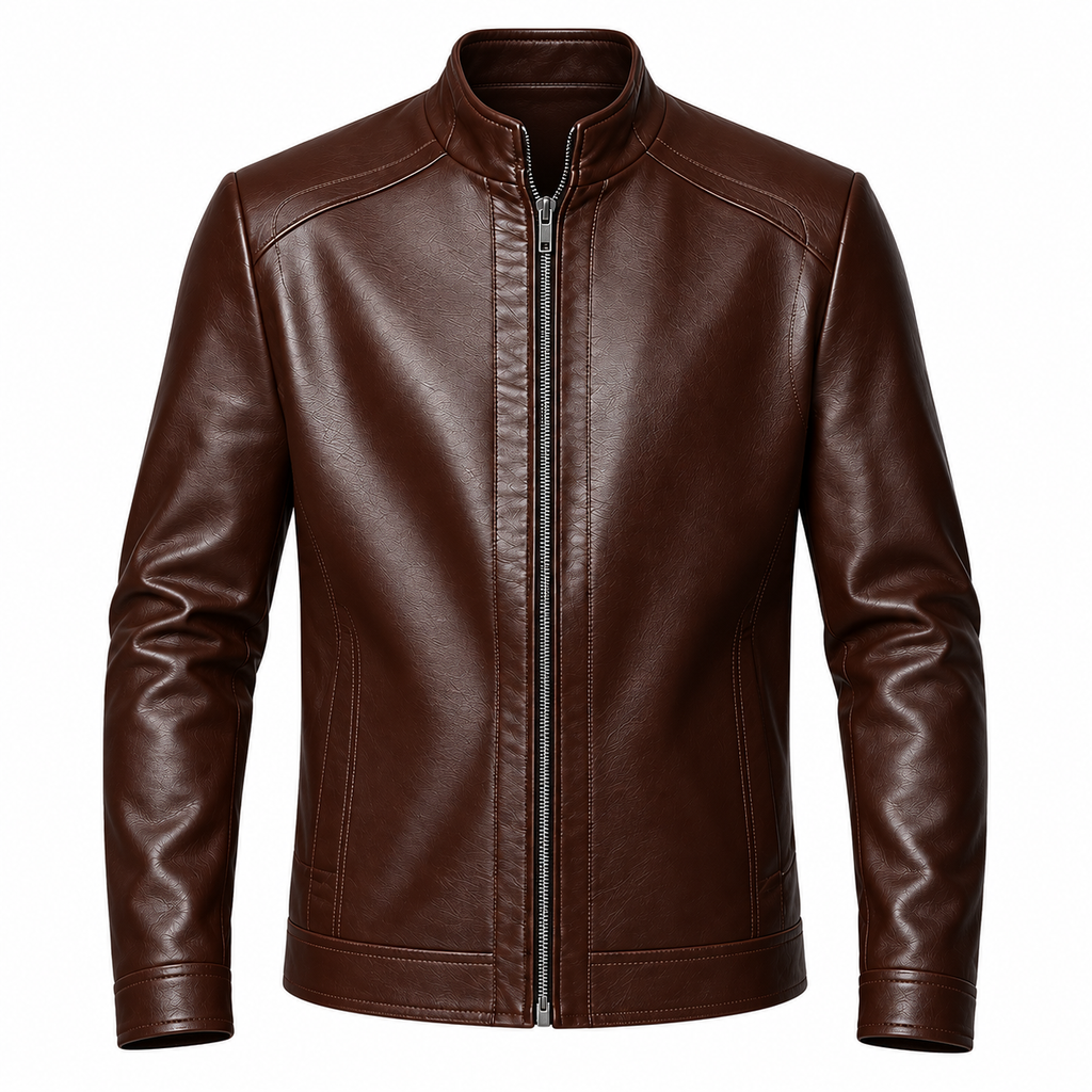 Dark Brown - A dark brown faux leather jacket with a stand-up collar and front zipper, shown on a plain white background.