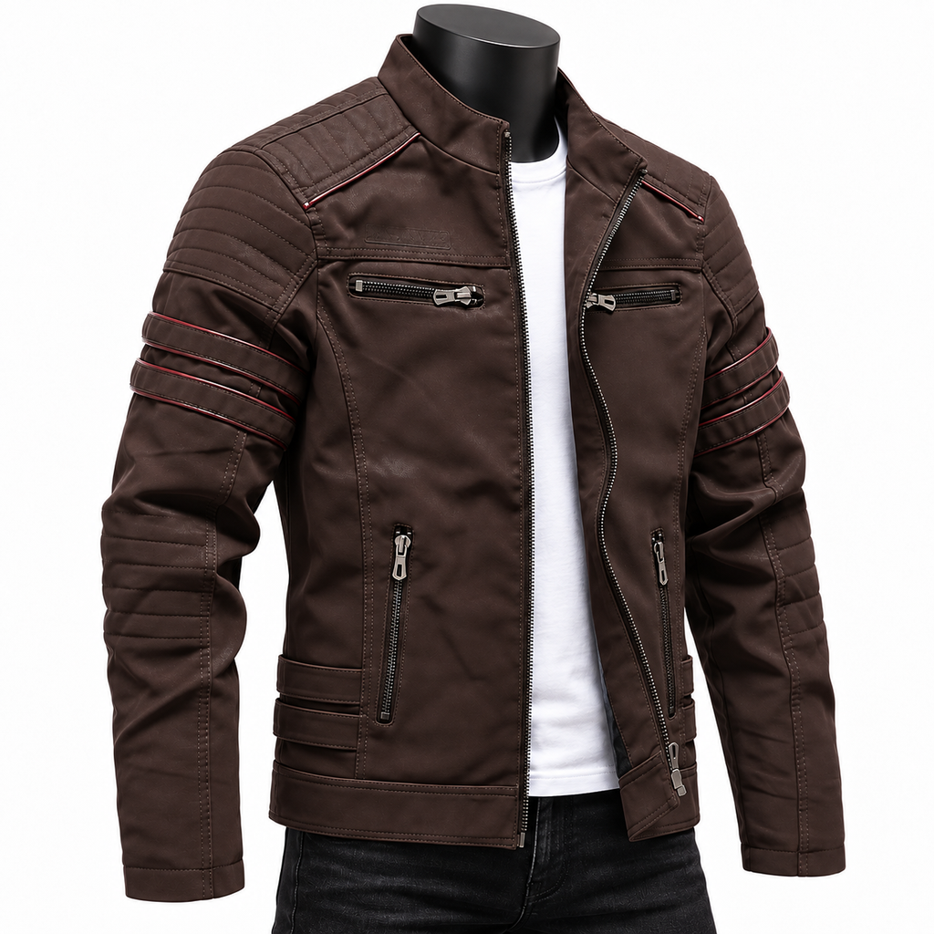 Coffee - A dark brown faux-leather motorcycle jacket with silver zippers and red contrast stitching on the sleeves, displayed on a black mannequin torso over a white t-shirt and black jeans.