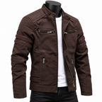 Coffee - A dark brown faux-leather motorcycle jacket with silver zippers and red contrast stitching on the sleeves, displayed on a black mannequin torso over a white t-shirt and black jeans.