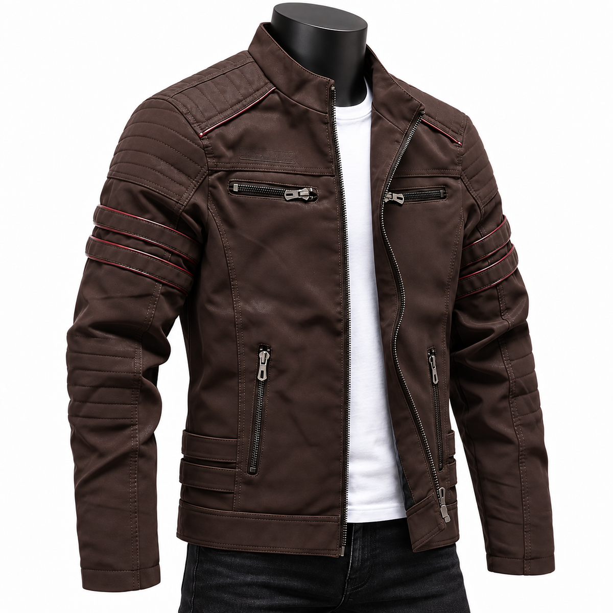 Coffee - A dark brown faux-leather motorcycle jacket with silver zippers and red contrast stitching on the sleeves, displayed on a black mannequin torso over a white t-shirt and black jeans.