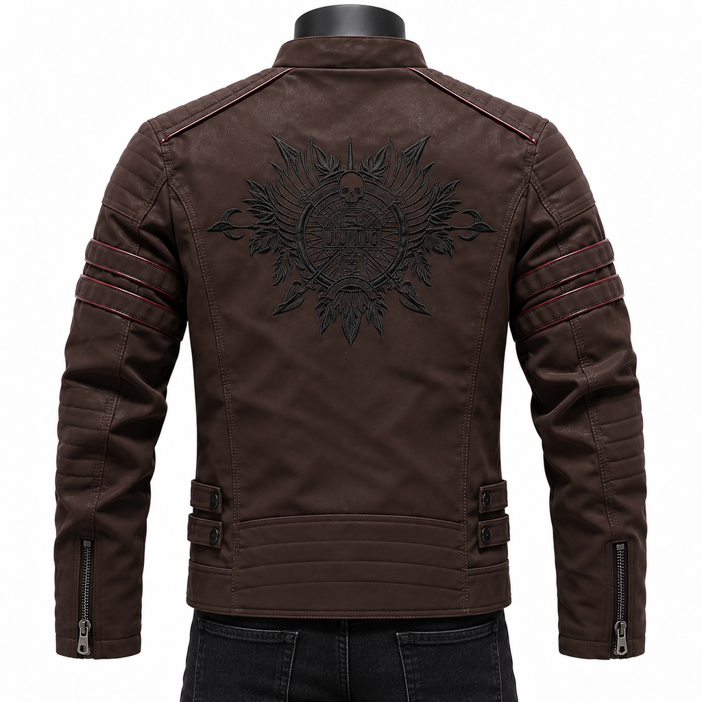 Coffee - A dark brown faux leather biker jacket shown from the back on a black mannequin torso. The jacket features a large black sunburst graphic on the back, red contrast stitching details, and zippered sleeve pockets.
