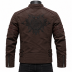 Coffee - A dark brown faux leather biker jacket shown from the back on a black mannequin torso. The jacket features a large black sunburst graphic on the back, red contrast stitching details, and zippered sleeve pockets.