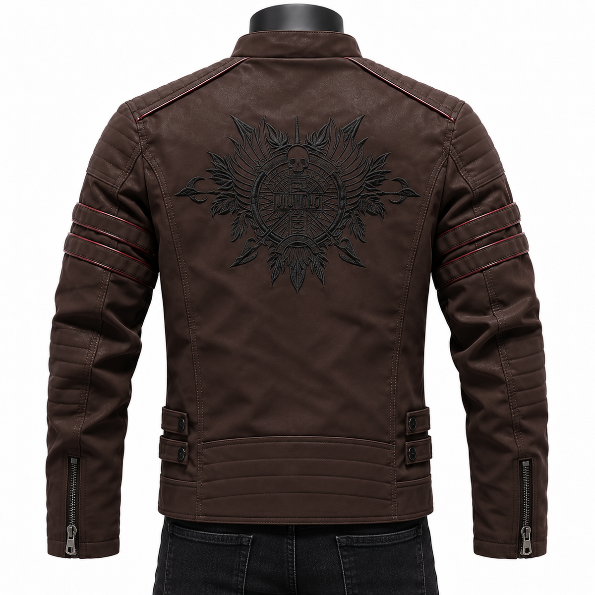 Coffee - A dark brown faux leather biker jacket shown from the back on a black mannequin torso. The jacket features a large black sunburst graphic on the back, red contrast stitching details, and zippered sleeve pockets.