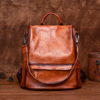 Brown leather backpack on a wooden surface with a brown background
